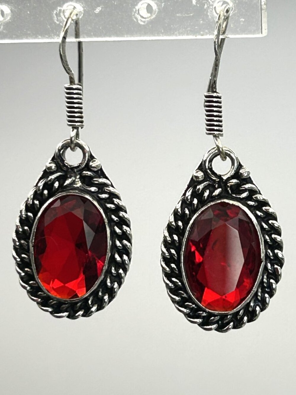 925 Sterling Silver Earrings Red Faceted Stone Teardrop Dangle 6g Boho Bali